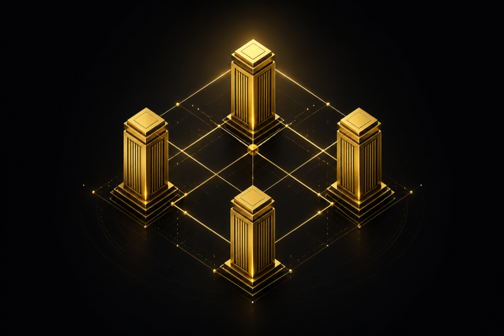 Abstract geometric structure of interconnected gold pillars representing Trillion Quest's solutions architecture.