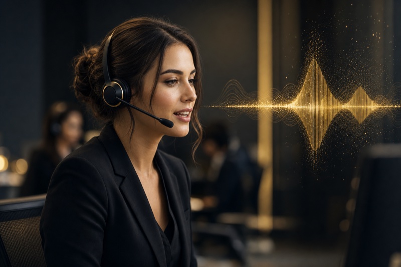 Professional with headset and voice AI visualization — conversational AI handling inbound calls.